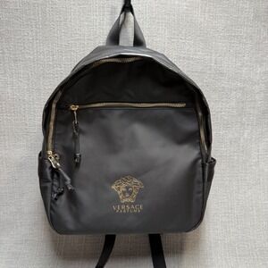 Versace Parfums Black Gold Medusa Logo Backpack Travel Bag Greca Key Straps OS